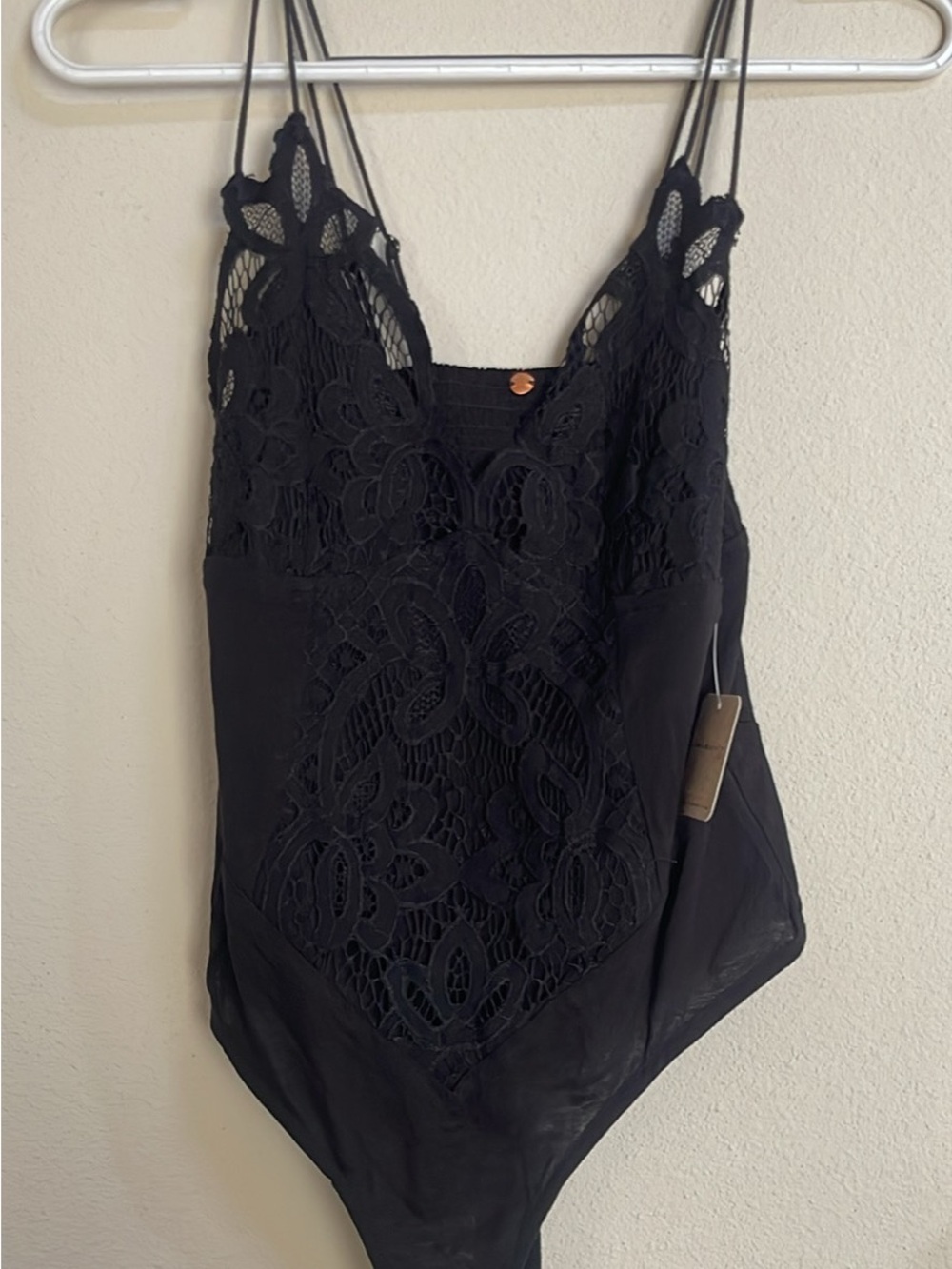 Free People Black Lace Bodysuit Tank Top with Double Spaghetti Straps NWT - Picture 3 of 10